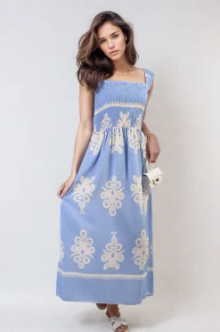 Sky blue Aliah Smocked Sleeveless Flowy Tribal Print Summer Maxi Dress<IKRUSH Fashion