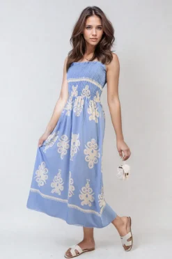 Sky blue Aliah Smocked Sleeveless Flowy Tribal Print Summer Maxi Dress<IKRUSH Fashion
