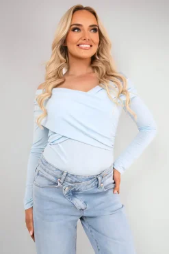 Sky blue Alora Off Shoulder Long Sleeve Bodysuit<IKRUSH Best