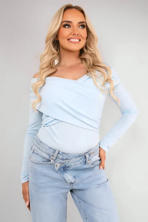 Sky blue Alora Off Shoulder Long Sleeve Bodysuit<IKRUSH Best