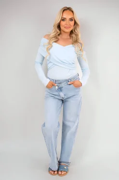 Sky blue Alora Off Shoulder Long Sleeve Bodysuit<IKRUSH Best