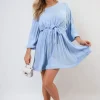 Sky blue Carmen Pleated Tie Waist Mini Dress<IKRUSH Clearance