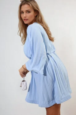 Sky blue Carmen Pleated Tie Waist Mini Dress<IKRUSH Clearance