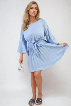 Sky blue Carmen Pleated Tie Waist Mini Dress<IKRUSH Clearance