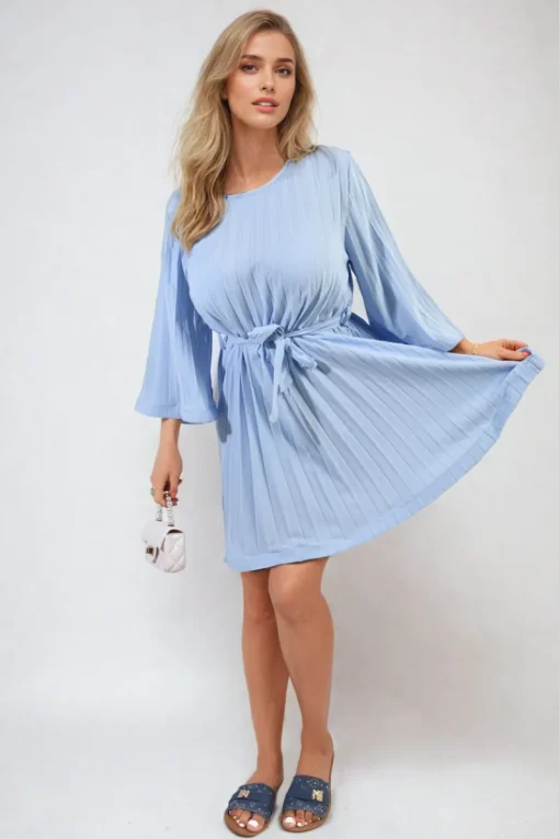 Sky blue Carmen Pleated Tie Waist Mini Dress<IKRUSH Clearance