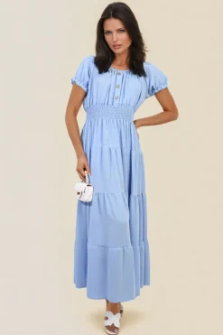 Sky blue Emmy Smocked Waist Tiered Midi Dress<IKRUSH New