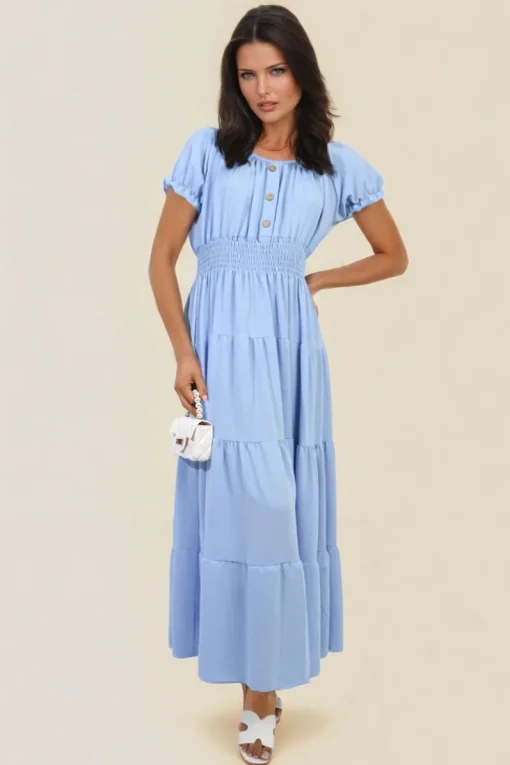 Sky blue Emmy Smocked Waist Tiered Midi Dress<IKRUSH New