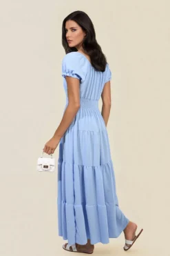 Sky blue Emmy Smocked Waist Tiered Midi Dress<IKRUSH New