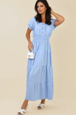 Sky blue Emmy Smocked Waist Tiered Midi Dress<IKRUSH New