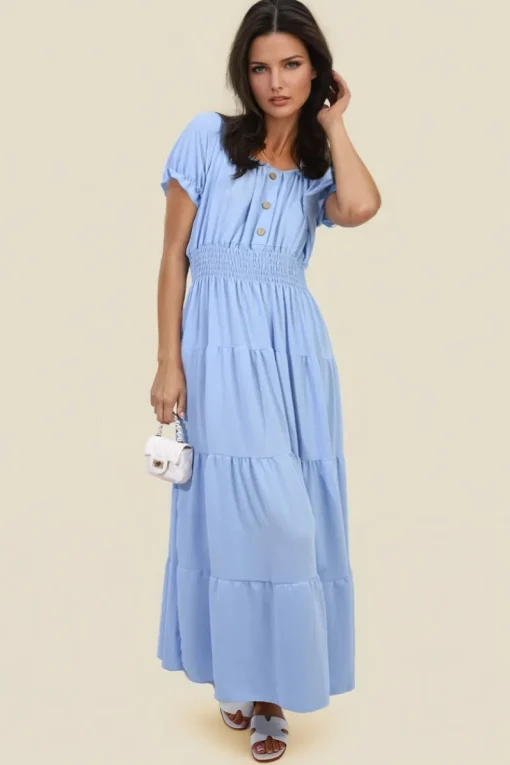 Sky blue Emmy Smocked Waist Tiered Midi Dress<IKRUSH New