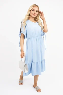 Sky blue Fianna Round Neck Short Sleeve Midi Dress with Tie Sleeve Detail<IKRUSH Clearance