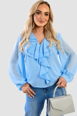 Sky blue Leyla Ruffle Trim Front Long Sleeve Top<IKRUSH Fashion