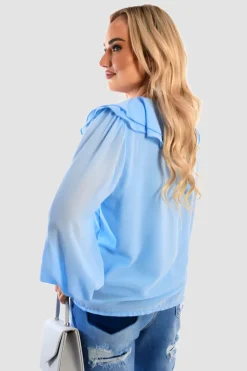 Sky blue Leyla Ruffle Trim Front Long Sleeve Top<IKRUSH Fashion