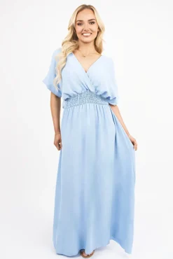 Sky blue Meissa V Neck Short Sleeve Maxi Dress with Shirred Waist<IKRUSH Sale