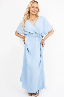 Sky blue Meissa V Neck Short Sleeve Maxi Dress with Shirred Waist<IKRUSH Sale