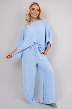 Sky blue Melody Batwing Top and Drawstring Wide Leg Trousers Co-ord Set<IKRUSH Fashion