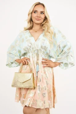 Sky blue Nalaya V Neck Long Sleeve Mini Dress with Metallic Tassel Detail<IKRUSH Sale
