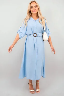 Sky blue Priscilla Belted Button Down Roll Tab Sleeve Midi Dress<IKRUSH Best