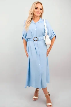 Sky blue Priscilla Belted Button Down Roll Tab Sleeve Midi Dress<IKRUSH Best