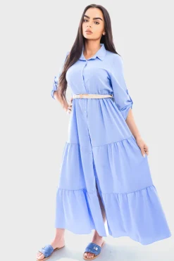 Sky blue Raya Belted Button Down Tiered Maxi Dress<IKRUSH Outlet
