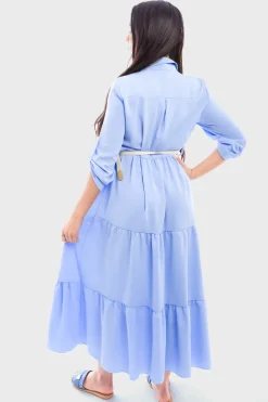 Sky blue Raya Belted Button Down Tiered Maxi Dress<IKRUSH Outlet