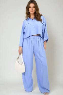 Sky blue Rosie Oversized Long Sleeve Crop Top and Wide Leg Trouser Co-ord Set<IKRUSH Online