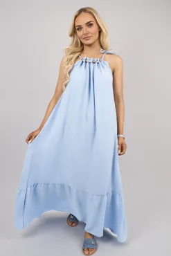 Sky blue Sarai Sleeveless Beaded Halter Neck Maxi Dress with Tiered Hem<IKRUSH Outlet