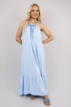 Sky blue Sarai Sleeveless Beaded Halter Neck Maxi Dress with Tiered Hem<IKRUSH Outlet