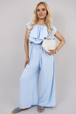 Sky blue Tawnie Off Shoulder Flared Wide Leg Jumpsuit with Ruffle Detail<IKRUSH Fashion