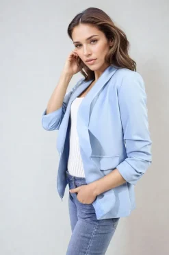 Sky blue Valerie Ruched Sleeve Open Front Blazer Jacket with Front Pockets<IKRUSH Hot