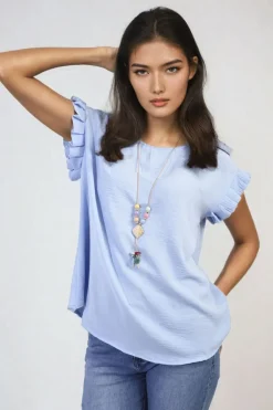 Sky blue Vera Ruffle Trim Sleeve Top<IKRUSH Online