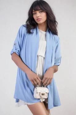 Sky blue Vivian Open Front Roll Up Sleeve Cardigan<IKRUSH Best