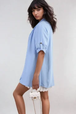 Sky blue Vivian Open Front Roll Up Sleeve Cardigan<IKRUSH Best