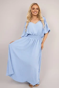 Sky blue Zamara V Neck Short Sleeve Maxi Dress with Button Detail<IKRUSH Fashion