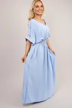 Sky blue Zamara V Neck Short Sleeve Maxi Dress with Button Detail<IKRUSH Fashion