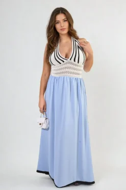 Sky blue Zaniyah Crochet V-Neck Halter Backless Maxi Dress<IKRUSH Hot
