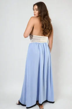 Sky blue Zaniyah Crochet V-Neck Halter Backless Maxi Dress<IKRUSH Hot