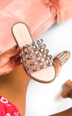 Snake Liza Studded Caged Open Toe Sliders<IKRUSH Clearance