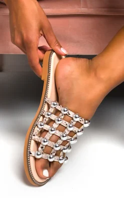 Snake Liza Studded Caged Open Toe Sliders<IKRUSH Clearance