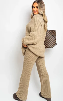 Taupe Emma Chunky Knitted Button Up Cardigan Wide Leg Trousers Co-ord Set<IKRUSH Best