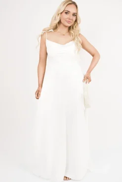 White Adina Cowl Neck Tie Strap Maxi Dress with Thigh Split<IKRUSH Sale