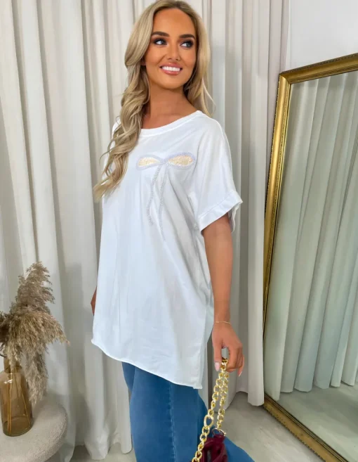 White Allison Sequin Bow Detail Oversized Top<IKRUSH Hot