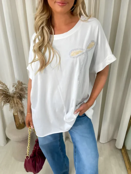 White Allison Sequin Bow Detail Oversized Top<IKRUSH Hot