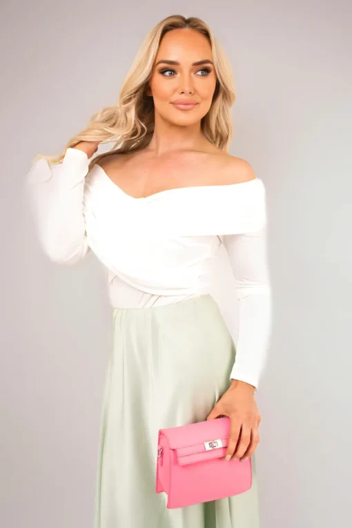 White Alora Off Shoulder Long Sleeve Bodysuit<IKRUSH New