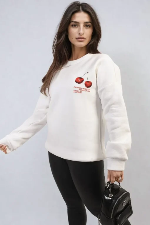 White Amanda Cherry Printed Front and Back Design Oversized Knitted Jumper<IKRUSH New