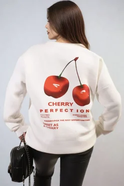 White Amanda Cherry Printed Front and Back Design Oversized Knitted Jumper<IKRUSH New