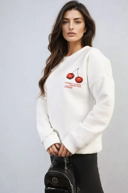 White Amanda Cherry Printed Front and Back Design Oversized Knitted Jumper<IKRUSH New