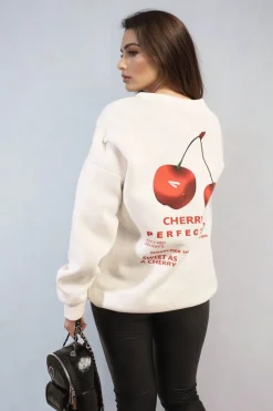 White Amanda Cherry Printed Front and Back Design Oversized Knitted Jumper<IKRUSH New