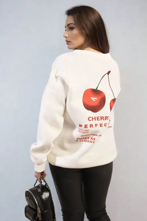 White Amanda Cherry Printed Front and Back Design Oversized Knitted Jumper<IKRUSH New