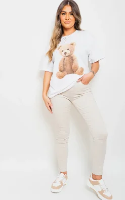 White Anna Short Sleeve Teddy Bear Printed Oversized Casual Top<IKRUSH Outlet